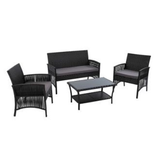 Gardeon 4 PCS Outdoor Furniture Lounge Setting Wicker Dining Set Black ODF-RATTAN-HARP-BK-AB