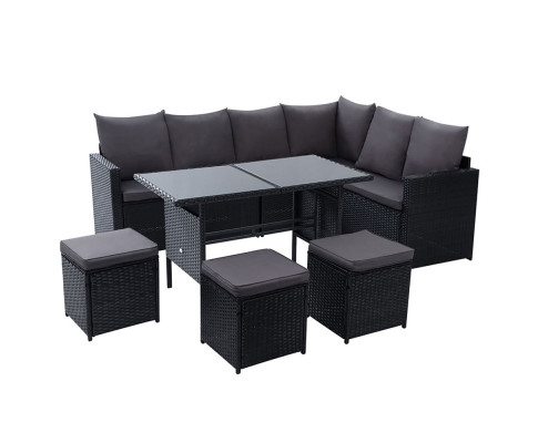 Gardeon Outdoor Furniture Dining Setting Sofa Set Lounge Wicker 9 Seater Black ODF-SDBOSS-3OTM-BK