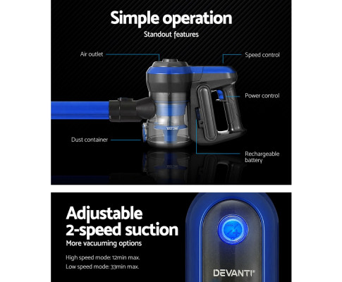 Devanti Handheld Vacuum Cleaner Cordless Handstick Stick 250W Brushless Motor VAC-CL-H-B8-BL