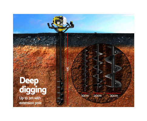 Giantz Post Hole Digger 92CC Petrol Auger Diggers Drill Borer Fence Earth Power DI-YE-ES88-KIT