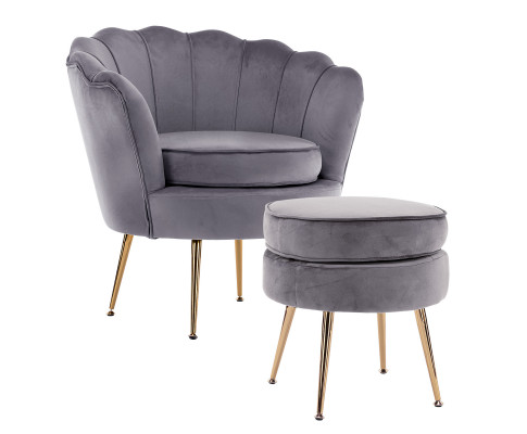 Armchair Lounge Chair Accent Velvet Shell Scallop + Ottoman Footstool Round Grey V274-FT-VAC-ST-1596-GY