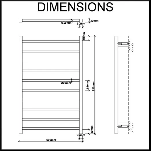 Aguzzo EZY FIT Heated Towel Rail - Square Tube - Dual Wired Polished SS AGZHTR-SQR-600-0858
