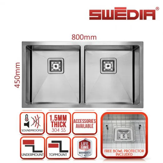 SWEDIA Dante Stainless Steel Sink - 800mm Double Bowl - 1.5mm Thick SWEDIADANDB0602