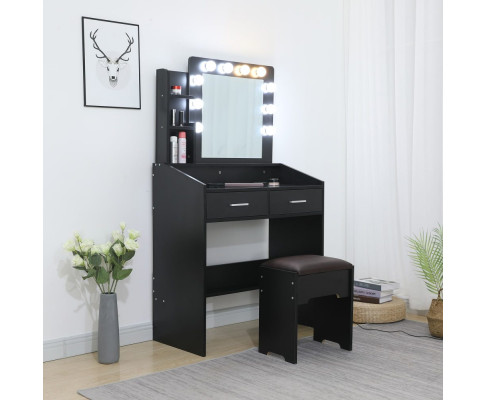 Diana Vanity Set with Shelves Cushioned Stool and Lighted Mirror- Black V264-TAB-717C-BLK-NA-1