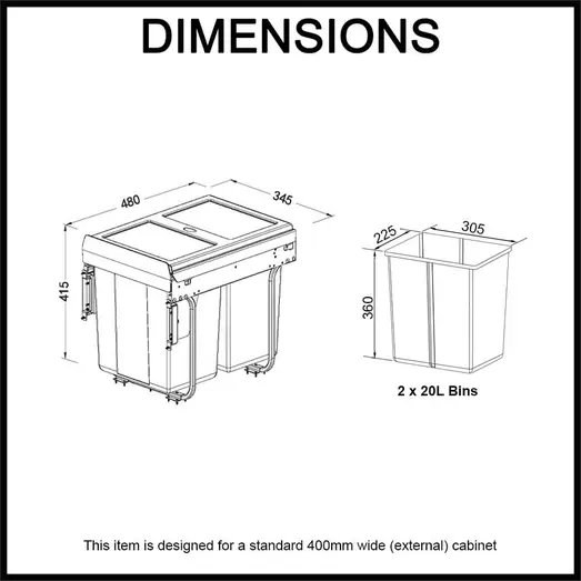 Elite Domestique Bottom Mounted 40L Twin Slide Out Concealed Waste Bin with Soft Close EL-400-2-0217-D