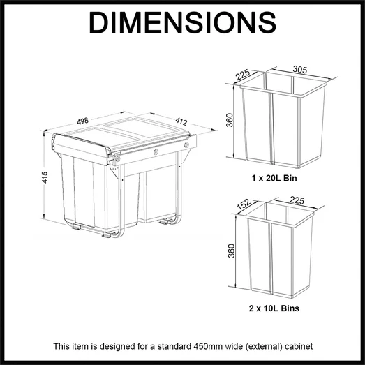 ELITE Domestique 40L Triple Slide Out Concealed Waste Bin ELITEPOB-450-3-1215-D