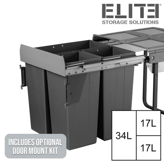 Elite Domestique Bottom Mounted 68L Triple Slide Out Concealed Waste Bin ELITEPOB-600-3-0499-D