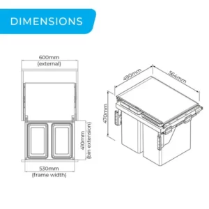 HIGOLD 56L Twin Slide Out Concealed Waste Bin - for a 600mm Cabinet - Side Mounted - Includes Integrated Door Bracket HG-306081-2106