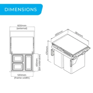 HIGOLD 56L Triple Slide Out Concealed Waste Bin for a 600mm Cabinet - Side Mounted - Includes Integrated Door Bracket HG-306082-2107