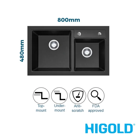 HiGold 800mm 1 & 1/2 Bowl Kitchen Sink - Granite Composite Black HG-935006-1497