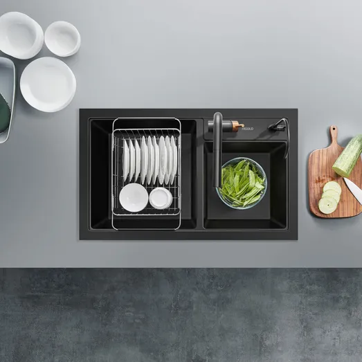HiGold 800mm 1 & 1/2 Bowl Kitchen Sink - Granite Composite Black HG-935006-1497