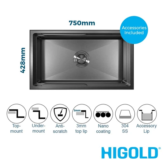 HIGOLD PINIZ Single Bowl Workstation Kitchen Sink - Slide Lip - Nano Coated HG-952307-B-1830