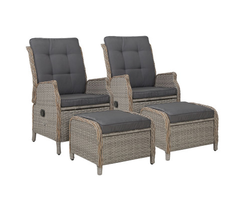 Gardeon 2PC Recliner Chair Sun lounge Wicker Lounger Outdoor Furniture Adjustable Grey ODF-RCL-RW-CHOTM-GEX2