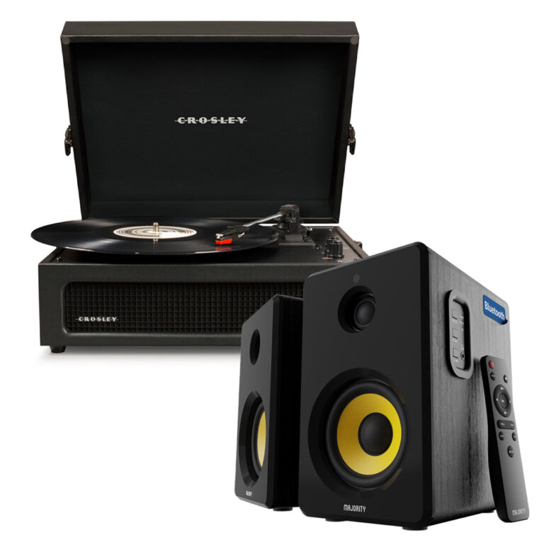 Crosley Voyager Bluetooth Portable Turntable - Black + Bundled Majority D40 Bluetooth Speakers - Black CR8017BMY-BK4