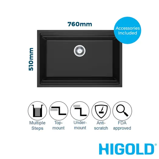 HiGold Single Bowl Workstation Kitchen Sink with Steps - Granite Composite - 760mm - Black HG-935022-B-2651