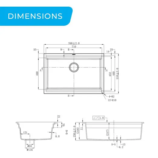 HiGold Single Bowl Workstation Kitchen Sink with Steps - Granite Composite - 760mm - Black HG-935022-B-2651