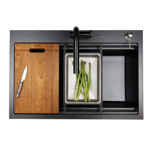 HiGold Single Bowl Workstation Kitchen Sink with Steps - Granite Composite - 840mm - Black HG-935023-B-2653