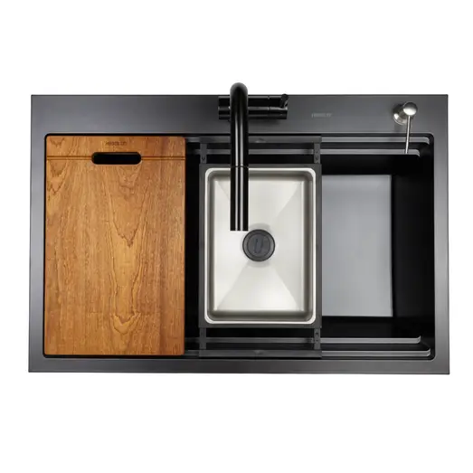 HiGold Single Bowl Workstation Kitchen Sink with Steps - Granite Composite - 840mm - Black HG-935023-B-2653