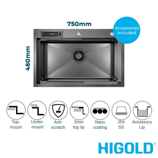 Belle Luxe 1.0 Single Bowl Workstation Kitchen Sink - Slide Lip 750mm - PVD Gunmetal HG-952257-2666