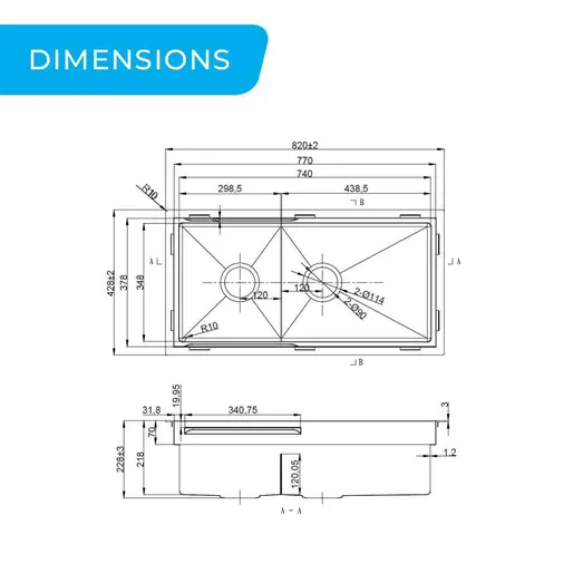 PINIZ 820mm 1 & 1/2 Bowl Workstation Kitchen Sink Slide Lip HG-953447-1831