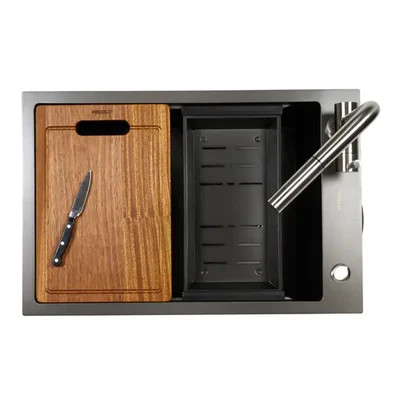 Single Bowl Workstation Kitchen Sink - Slide Lip - Nano Coated Stainless Steel HG-952380-2470