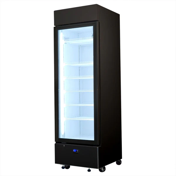 Schmick Upright Quiet Running Black Glass Door Bar Fridge Left Hinged HUS-SC372LB