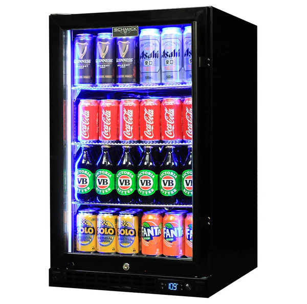 Schmick Quiet Running Front Venting Under Bench Black Glass Door Bar Fridge Heated Glass SK126L-B-HD