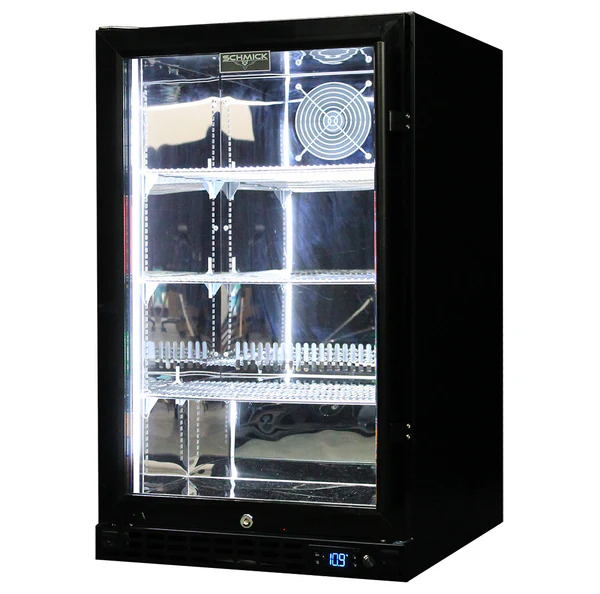 Schmick Quiet Running Front Venting Under Bench Black Glass Door Bar Fridge Heated Glass SK126L-B-HD