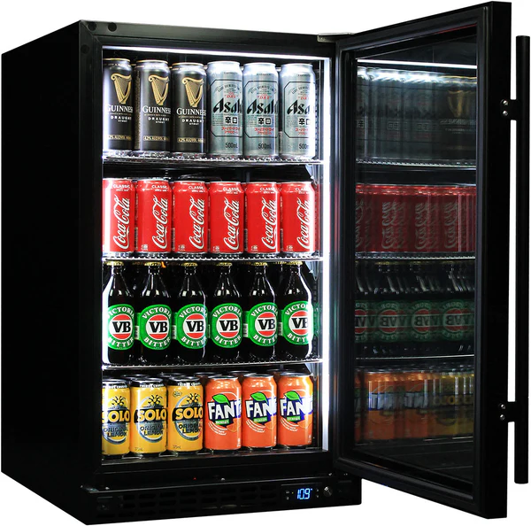Schmick Quiet Running Front Venting Under Bench Black Glass Door Bar Fridge Heated Glass SK126R-B-HD