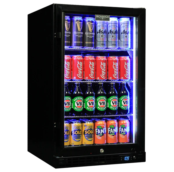 Schmick Quiet Running Front Venting Under Bench Black Glass Door Bar Fridge Heated Glass SK126R-B-HD