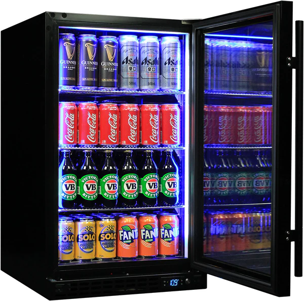 Schmick Quiet Running Front Venting Under Bench Black Glass Door Bar Fridge Heated Glass SK126R-B-HD