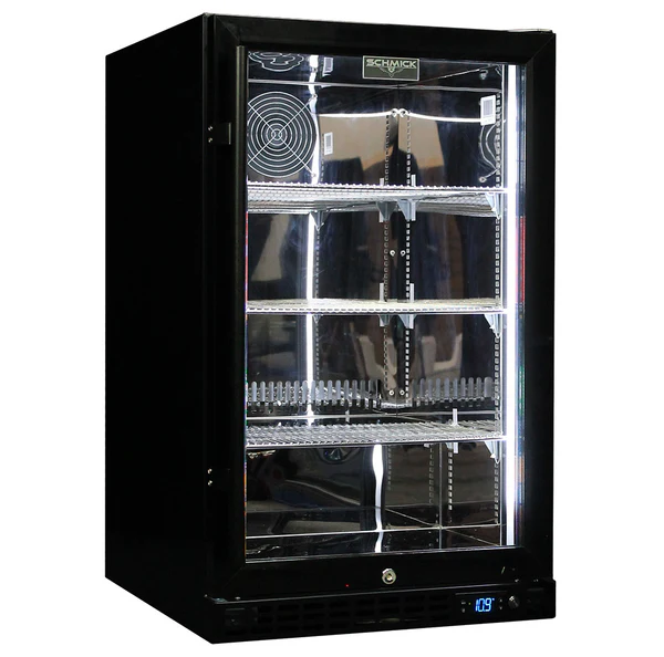 Schmick Quiet Running Front Venting Under Bench Black Glass Door Bar Fridge Heated Glass SK126R-B-HD