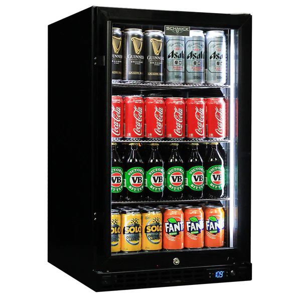 Schmick Quiet Running Front Venting Under Bench Black Glass Door Bar Fridge Heated Glass SK126R-B-HD