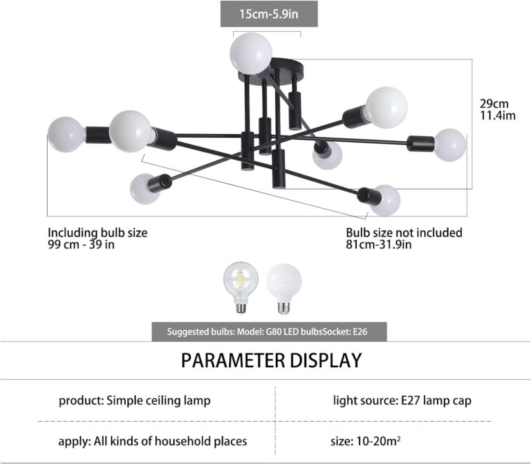 Modern Semi Flush Chandelier 8 Light Black V178-37587