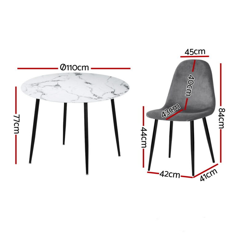 Artiss Dining Table and 4 Chairs Set Marble Grey DSET-MAR75-VEL01-GYX4