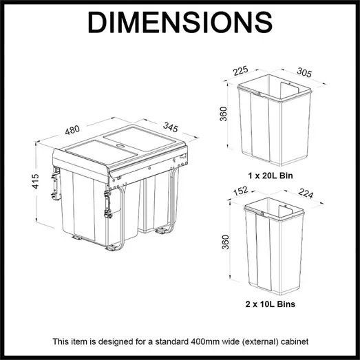 Domestique 40L Triple Slide Out Concealed Waste Bin with Soft Close EL-400-3-4454-D
