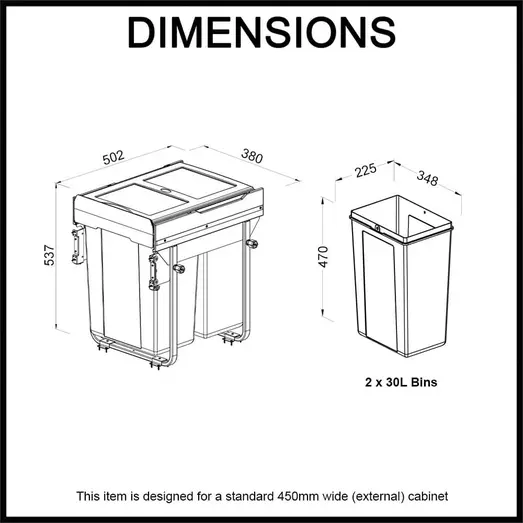 Domestique PLUS 60L Twin Slide Out Concealed Waste Bin with Soft Close EL-450-2-4099-D