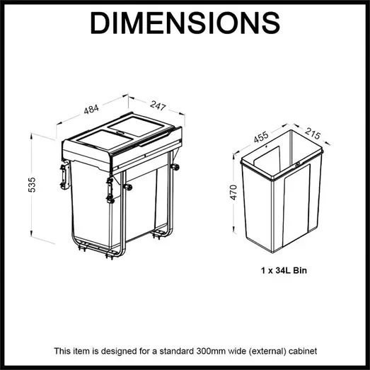 Domestique PLUS 34L Single Slide Out Concealed Waste Bin EL-300-1-4455-D