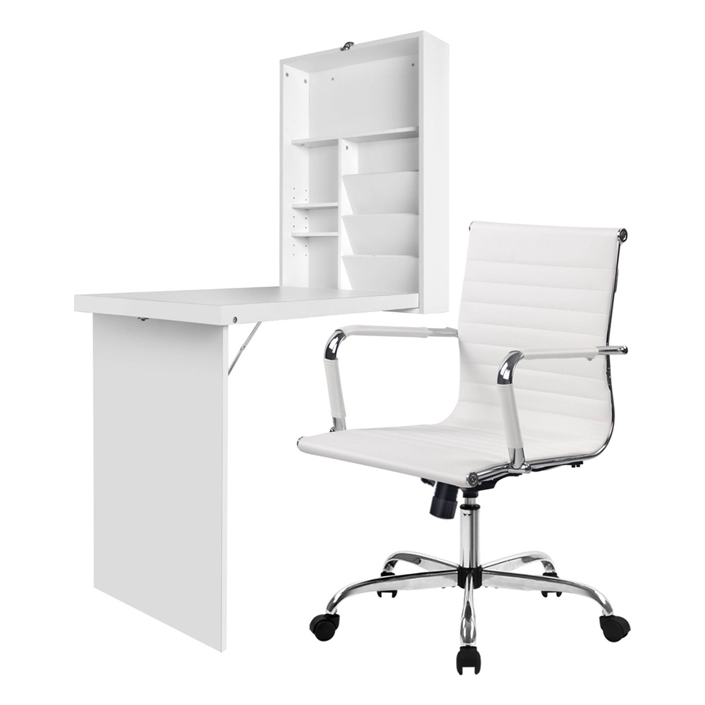Artiss Computer Desk Office Chair Set PU Leather Wall Mount Foldable Table White DESK-WALL-8147-WH