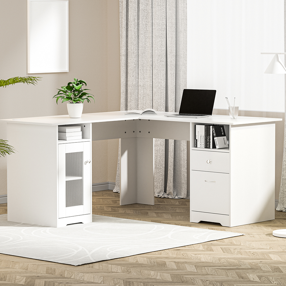 Artiss Computer Desk Shelf Cabinet L-Shape White 150CM FURNI-Q-DESK-L-WH-ABC