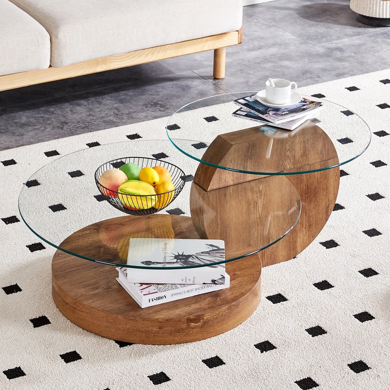 MINORI Double Layer Clear Tempered Glass Dark Wood Grain Coffee Table V656-WF-09