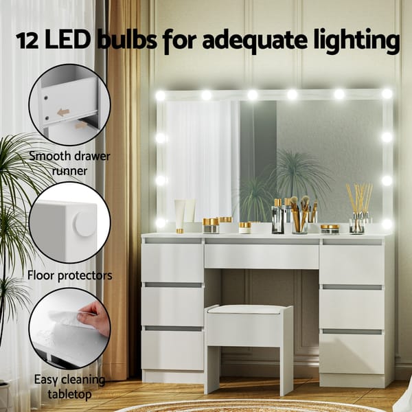 Artiss Dressing Table Vanity Desk Set Stool 12 Led Bulbs White FURNI-N-DRESS02-LED-WH-AB