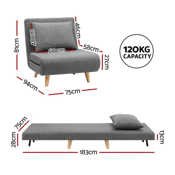 Artiss Sofa Bed Convertible Couch Recliner Lounge Chair Linen Grey SBED-E-FLD01-1S-GY