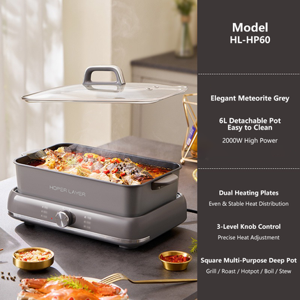 HOPER LAYER Electric Hot Pot 6L – Multifunctional Nonstick Cooker with Grill Boil Simmer & Fry Modes 2000W V940-HG-181-01