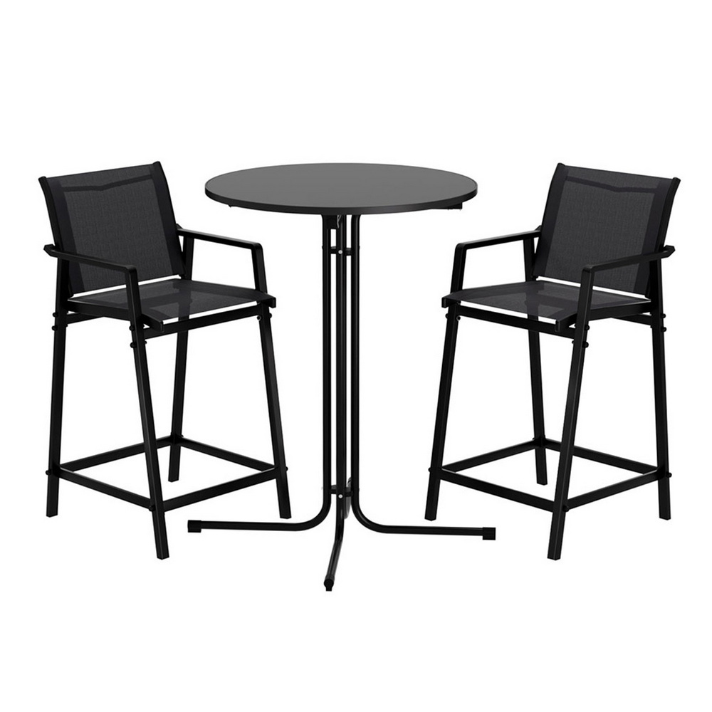 Gardeon 3PC Outdoor Bar Set Stools Dining Chairs Table Patio Furniture Bistro Set Steel ODF-BARSET-3TEX-BK
