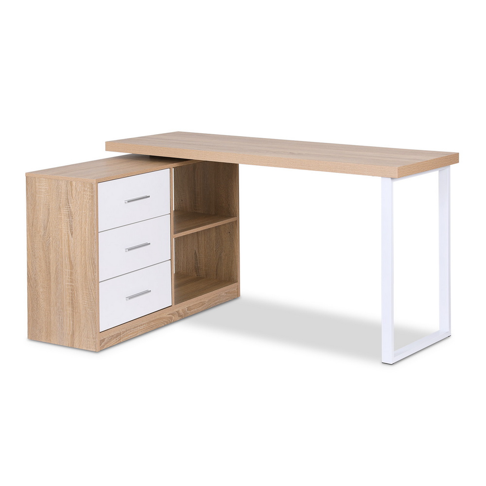 Artiss Computer Desk Swiveling L shape Home Office Storage Cabinet Oak FURNI-C-DESK-MET-140WD-AB features three rotatable storage cabinets.