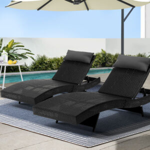 Gardeon 2PC Sun Lounge Wicker Lounger Outdoor Furniture Beach Chair Garden Adjustable Black FF-LOUNGE-WA-BK2X