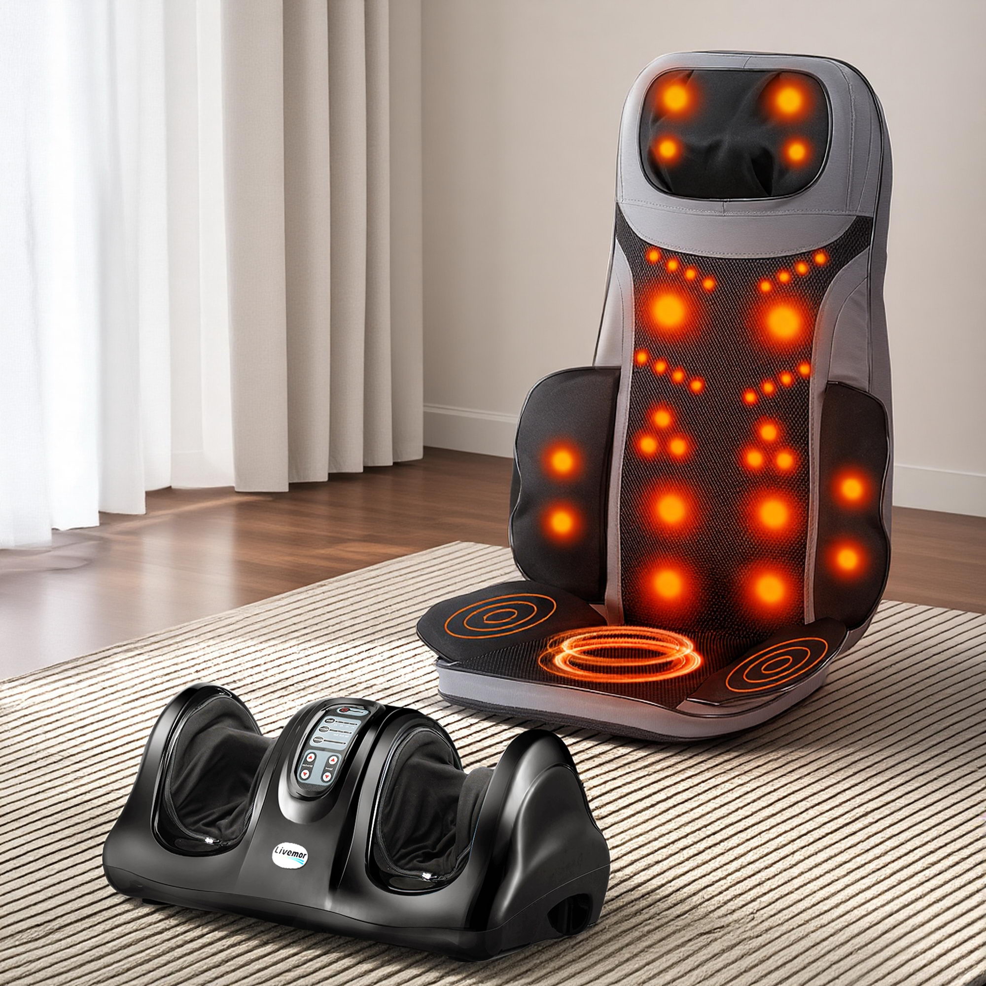 Livemor 8-nodes Full Back Massage Seat Cushion Heating with Foot Massagers MASSAGE-11-BARON-BK