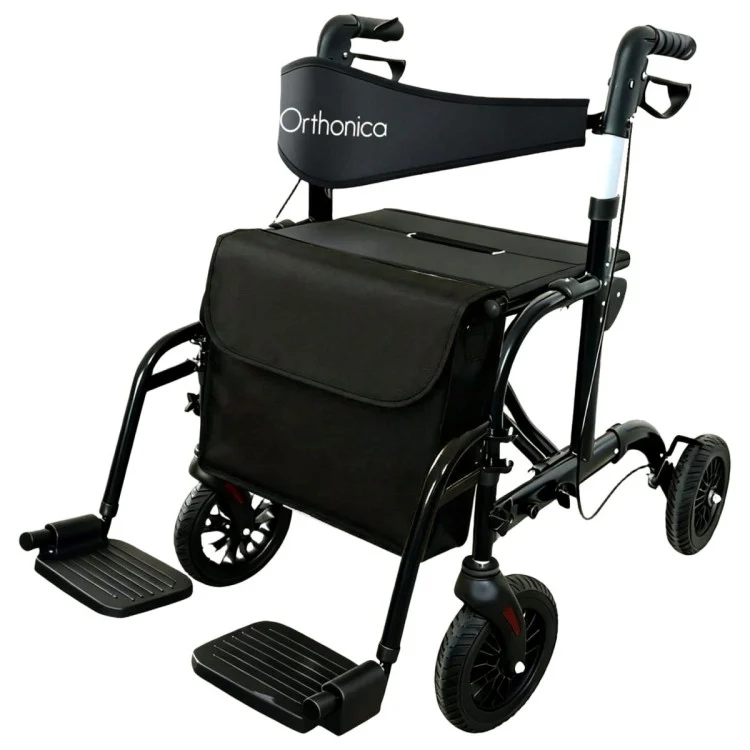 Orthonica Aluminium 2-in-1 Rollator Wheelchair with Foldable Frame – Black & Silver frw-mas-2n1-bk