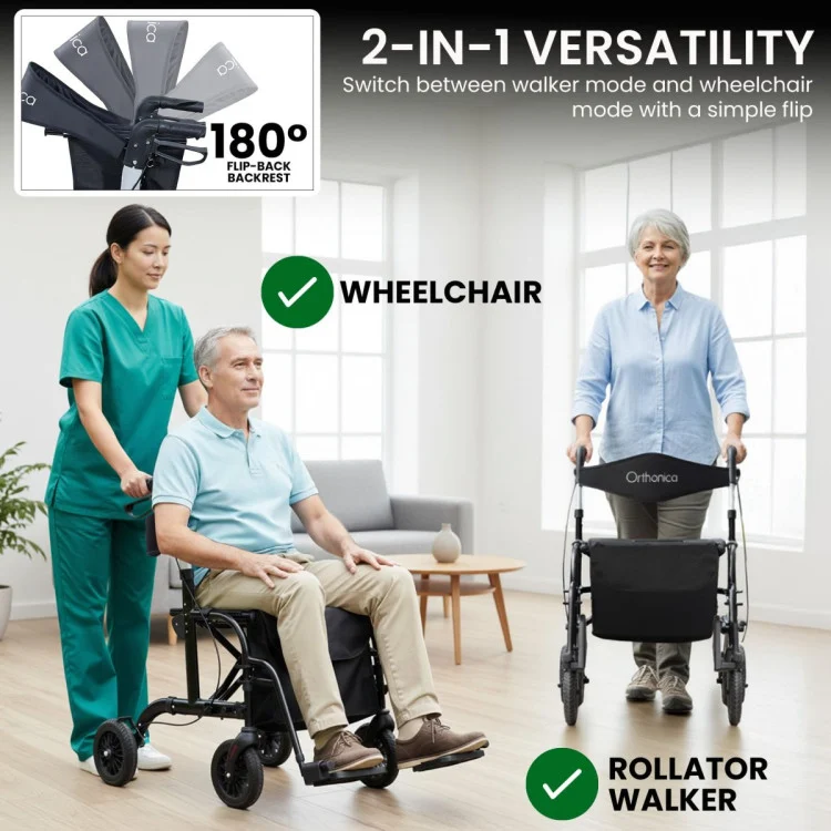 Orthonica Aluminium 2-in-1 Rollator Wheelchair with Foldable Frame – Black & Silver frw-mas-2n1-bk